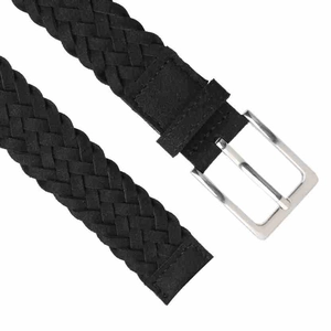 Detail of hand-woven black belt featuring a polished silver rectangular metal buckle
