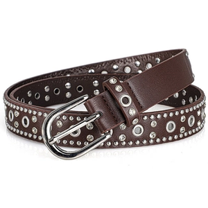 Punk style dark brown leather belt with silver studs, rhinestones and horseshoe buckle
