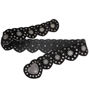 Bohemian punk black leather belt with heart studs and vintage engraved silver heart buckle