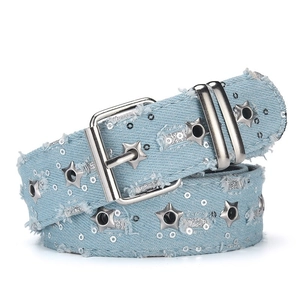 Y2K light blue denim belt with silver star eyelets and distressed edges for women