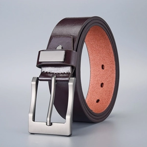 Classic men's vintage brown leather belt with matte silver rectangle pin buckle