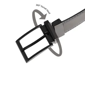 Classic black leather men's belt featuring a 360-degree rotating polished needle buckle