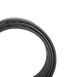Detailed macro shot of the black leather belt texture with smooth rounded edge finish