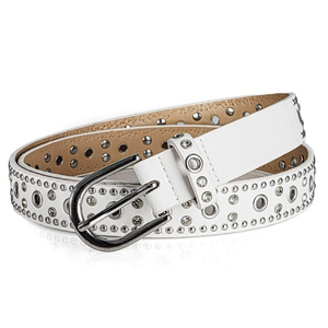 White punk belt with silver studs, rhinestones and horseshoe buckle for jeans