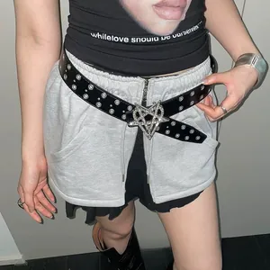 Ceinture punk Y2K noire avec œillets doubles et boucle étoile en strass sur la taille