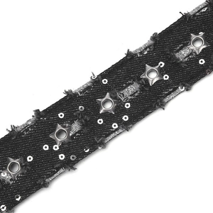 Detail of punk style black denim belt featuring silver star eyelets and frayed edges