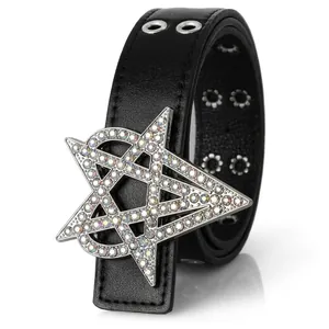 Ceinture Y2K en cuir PU noir avec boucle étoile en strass colorés et œillets métalliques