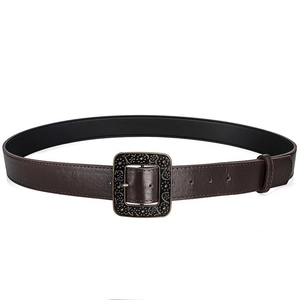 Vintage brown leather belt with carved bronze metal buckle for women's jeans and coats
