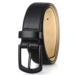 Mens fashion black leather belt with matte black pin buckle for casual jeans style