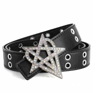 Ceinture punk Y2K noire avec boucle étoile en strass colorés et œillets en métal argenté