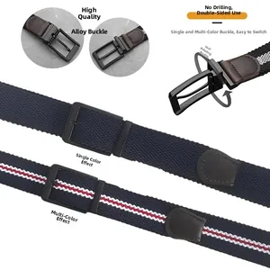 Detail showing the 360-degree rotating alloy buckle on a reversible braided elastic belt