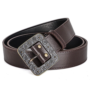 Vintage dark brown leather belt with engraved metal buckle for women jeans and coats