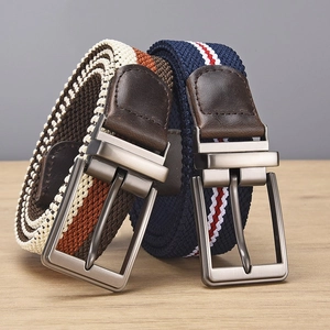 Elastic Braided Belt For Men Women Alloy Pin Buckle Reversible Striped Woven Waistband Daily Casual Golf Fashion Accessory