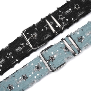 Punk denim belts with star eyelets and silver glitter in black and light blue colors