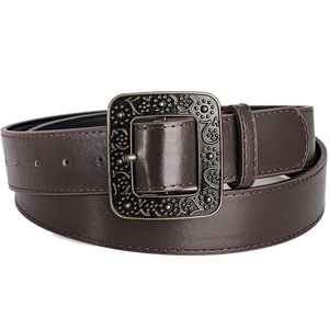 Vintage brown leather belt for women with ornate floral engraved metal buckle for jeans