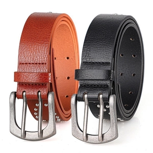 Vintage punk style leather belts with double prong alloy buckles and metal rivets