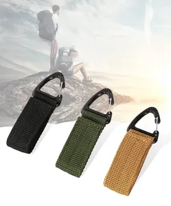 Detail of tactical nylon webbing clips in black green and khaki for Molle backpacks
