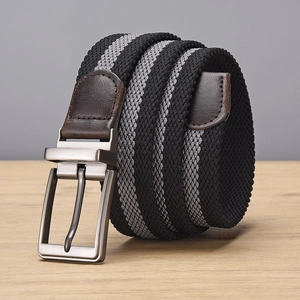 Elastic woven golf belt with black and grey stripes and premium matte alloy buckle