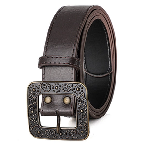 Vintage Women Belt With Carved Floral Metal Buckle PU Leather Waist Strap For Jeans Coats Bohemian Style Retro Waistband