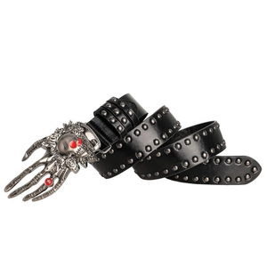 Punk black leather belt with silver skull buckle and rivets in y2k rock style
