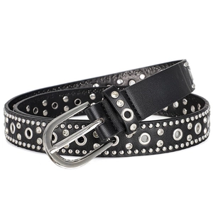 Punk black leather belt with silver studs, rhinestones and buckle for jeans