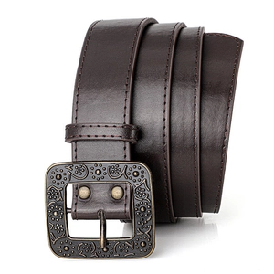 Vintage brown leather belt with engraved metal buckle for women, stylish and versatile design