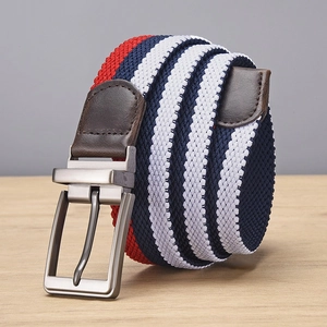 Elastic woven golf belt with red white and navy stripes and brushed metal buckle