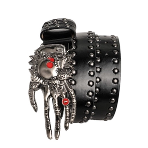 Punk rocker leather belt with skull buckle and silver metal studs in Y2K street style