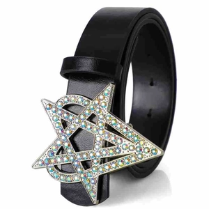 Ceinture punk Y2K en cuir noir avec boucle étoile évidée et strass multicolores