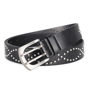 Vintage punk leather belt with silver rivets and double prong buckle for men and women