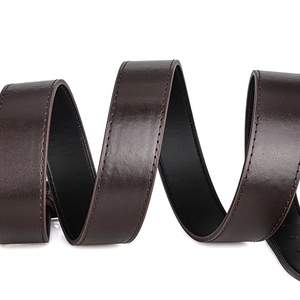 Close-up of deep brown leather belt showing fine stitching and smooth polished texture