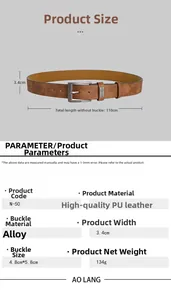 Detailed size parameter chart for brown vintage men's belt with alloy buckle and PU leather