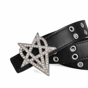 Ceinture Y2K en cuir noir avec boucle étoile en strass arc-en-ciel et œillets métalliques
