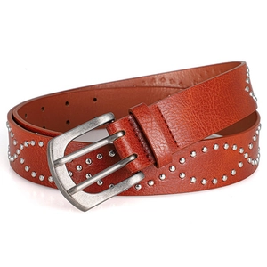 Vintage punk brown leather belt with double pin buckle and silver stud ornaments