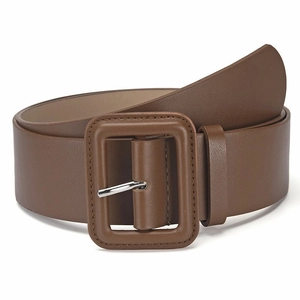Fashionable wide brown leather belt for women with large square buckle and silver pin