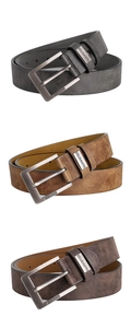 Three men's retro belts in black, light yellow, and dark brown with metal buckles
