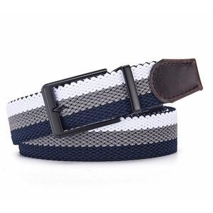 Detail of blue, white, and gray elastic woven belt with matte black buckle and leather end