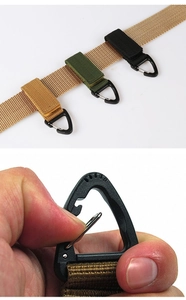 Detail of tactical nylon webbing keychain with triangular hook for Molle systems