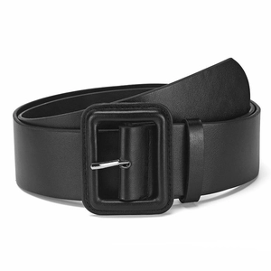 Fashionable black wide leather waist belt with large rectangular buckle for dresses