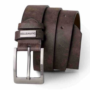 Men's vintage dark brown leather belt with textured matte grey metal pin buckle