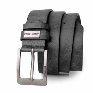 Men's vintage dark grey leather belt with matte buckle and professional styling