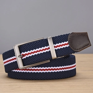 Detail of woven elastic golf belt with navy stripes and dark brown leather end