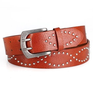 Vintage brown leather studded belt with silver double-pin buckle and punk rivet pattern
