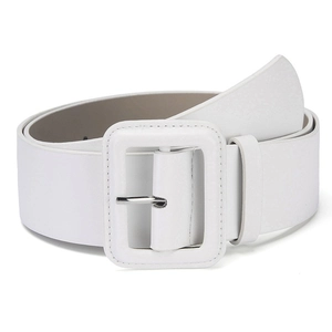 Minimalist white wide belt for women with a large square leather-wrapped buckle for dresses