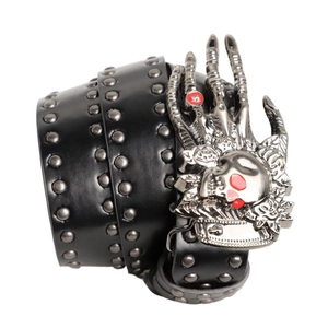 Punk black rivet belt with a mechanical skull and bone hand metal buckle and red eye accents