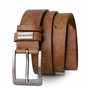Classic men's vintage brown PU leather belt with matte silver square buckle closure