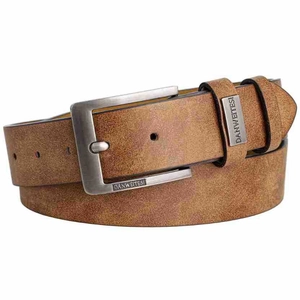 Detail of vintage matte gunmetal pin buckle with embossed brand logo on brown PU belt