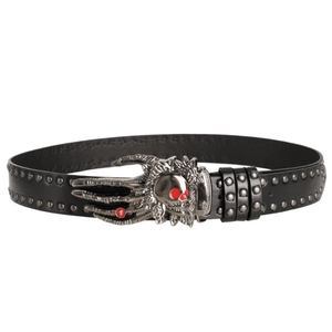 Gothic skull buckle belt with silver studs on black leather for punk rock styling