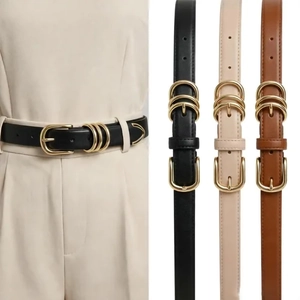 Cintura Sottile da Donna in Pelle PU Con Fibbia ad Ardiglione in Lega a Tre Anelli Oro Decorativa Versatile per Abiti