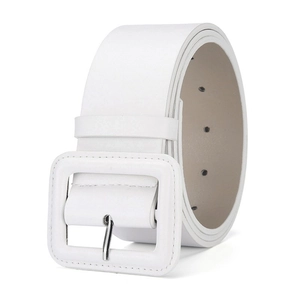 Detail view of the wide white leather waist belt with a large rectangular buckle and pin